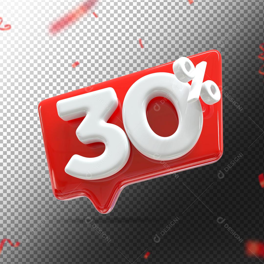 Botão Vermelho Número 30% por cento de Desconto Branco Elemento 3D para Composição PSD