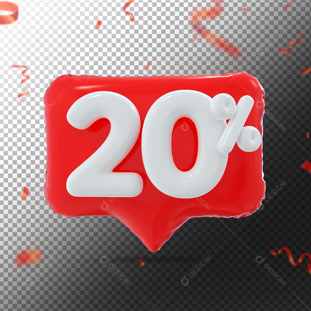 Botão Vermelho Número 20% por cento de Desconto Branco Elemento 3D para Composição PSD