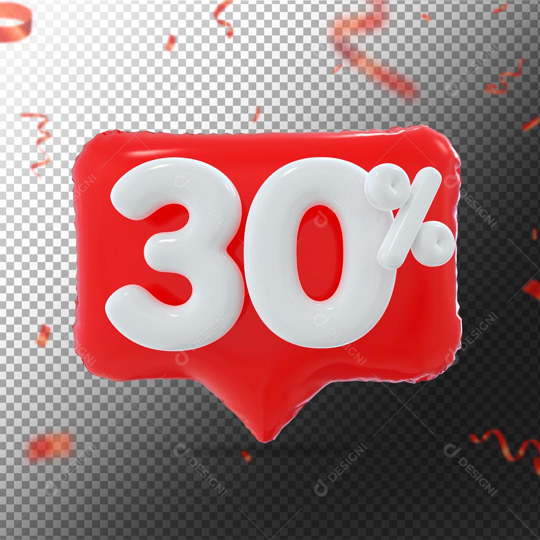 Botão Vermelho Número 30% por cento de Desconto Branco Elemento 3D para Composição PSD