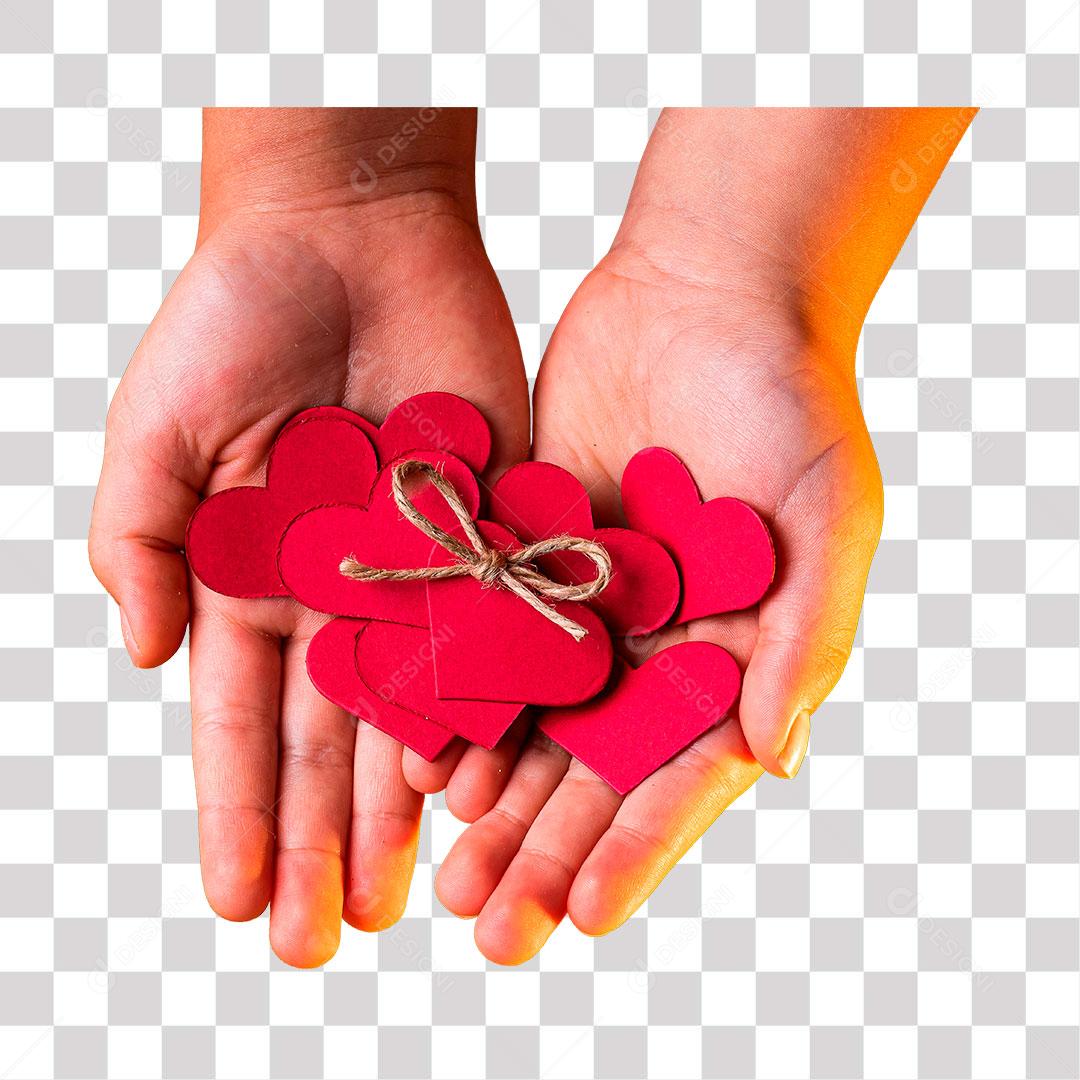 Mãos segurando corações de decoração png transparente