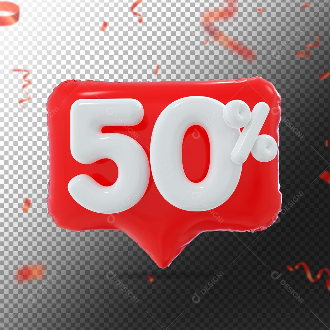 Botão Vermelho Número 50% por cento de Desconto Branco Elemento 3D para Composição PSD