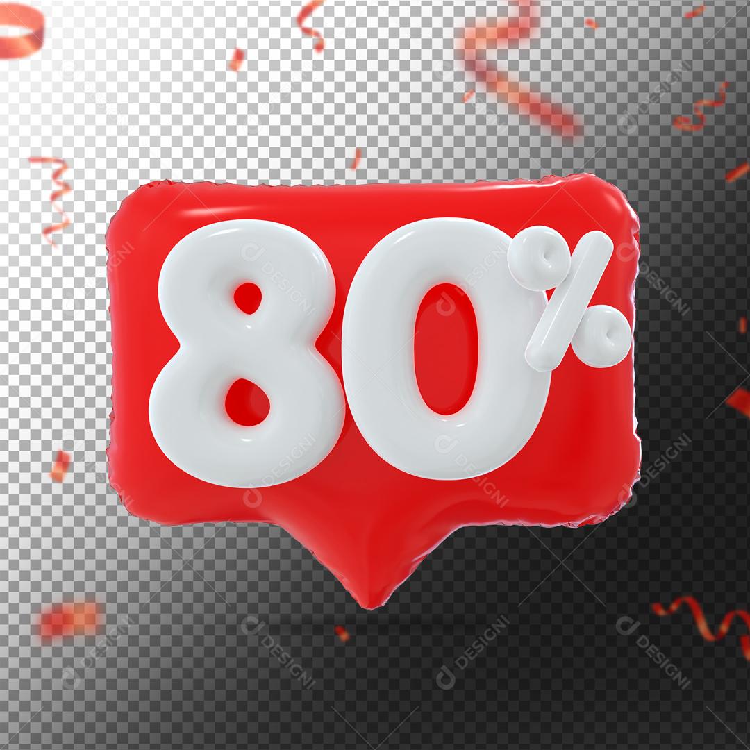 Botão Vermelho Número 80% por cento de Desconto Branco Elemento 3D para Composição PSD