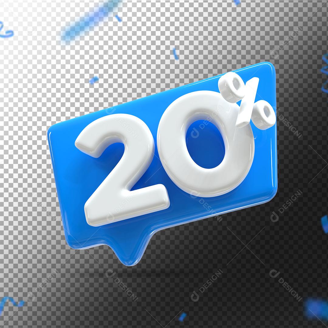 Botão Azul   Número 20% por cento de Desconto Branco Elemento 3D para Composição PSD