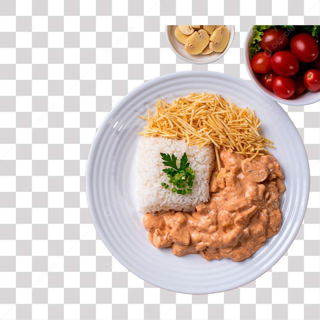 prato com comida com strogonoff e batata palha png transparente