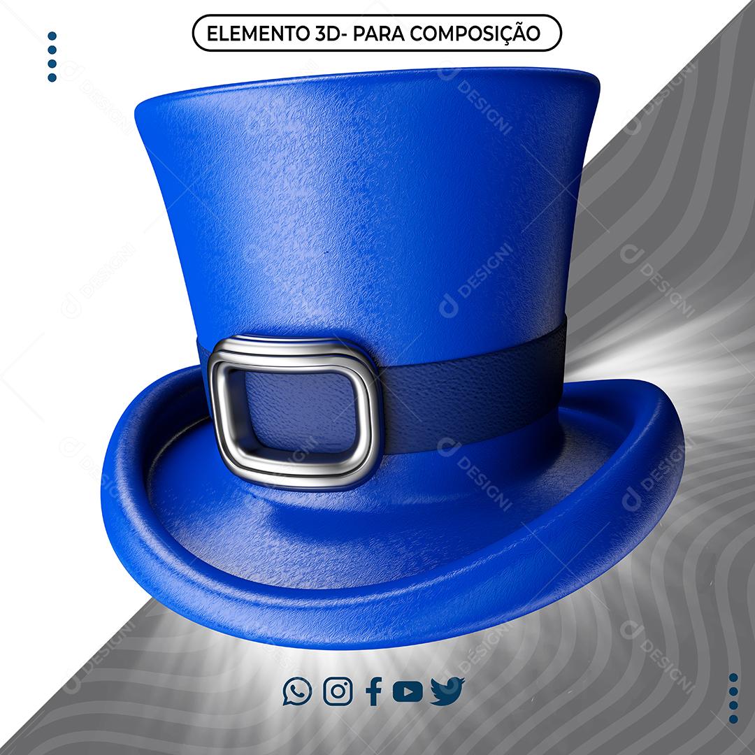 Elemento 3D Cartola Azul para Composição PNG Transparente Sem Fundo