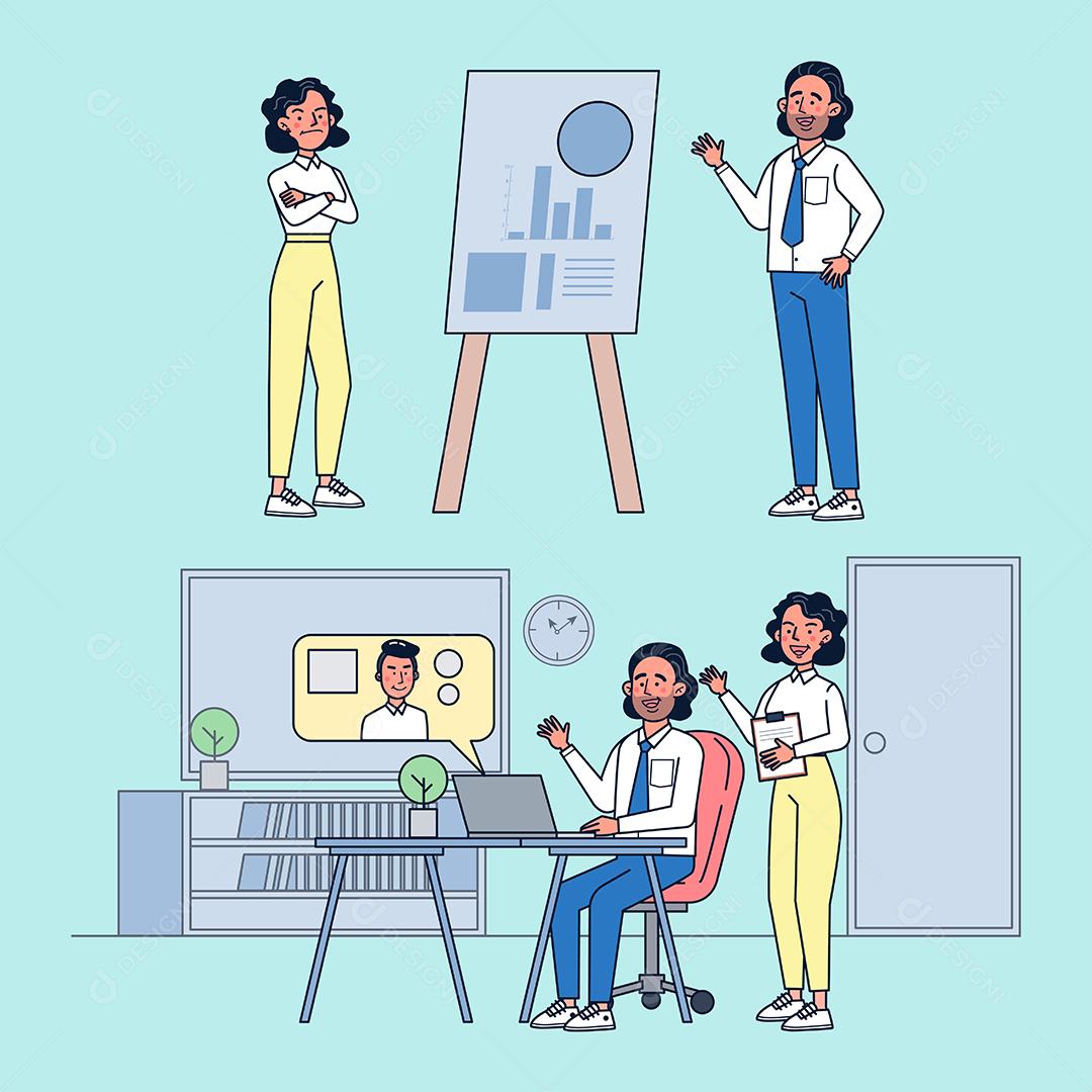 O departamento de vendas traz grandes projetos para os principais clientes. Ele os apresentou com gráficos e análises. design de vetor de ilustração plana