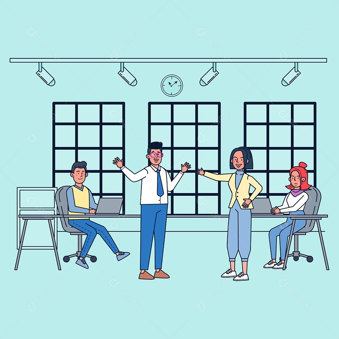 Pessoal de negócios falando e trabalhando na sala de reuniões de computadores. design de vetor de ilustração plana