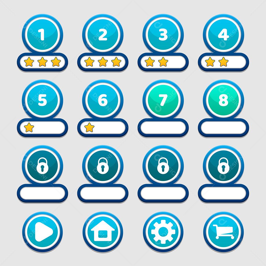 Níveis e botões azuis do jogo redondo