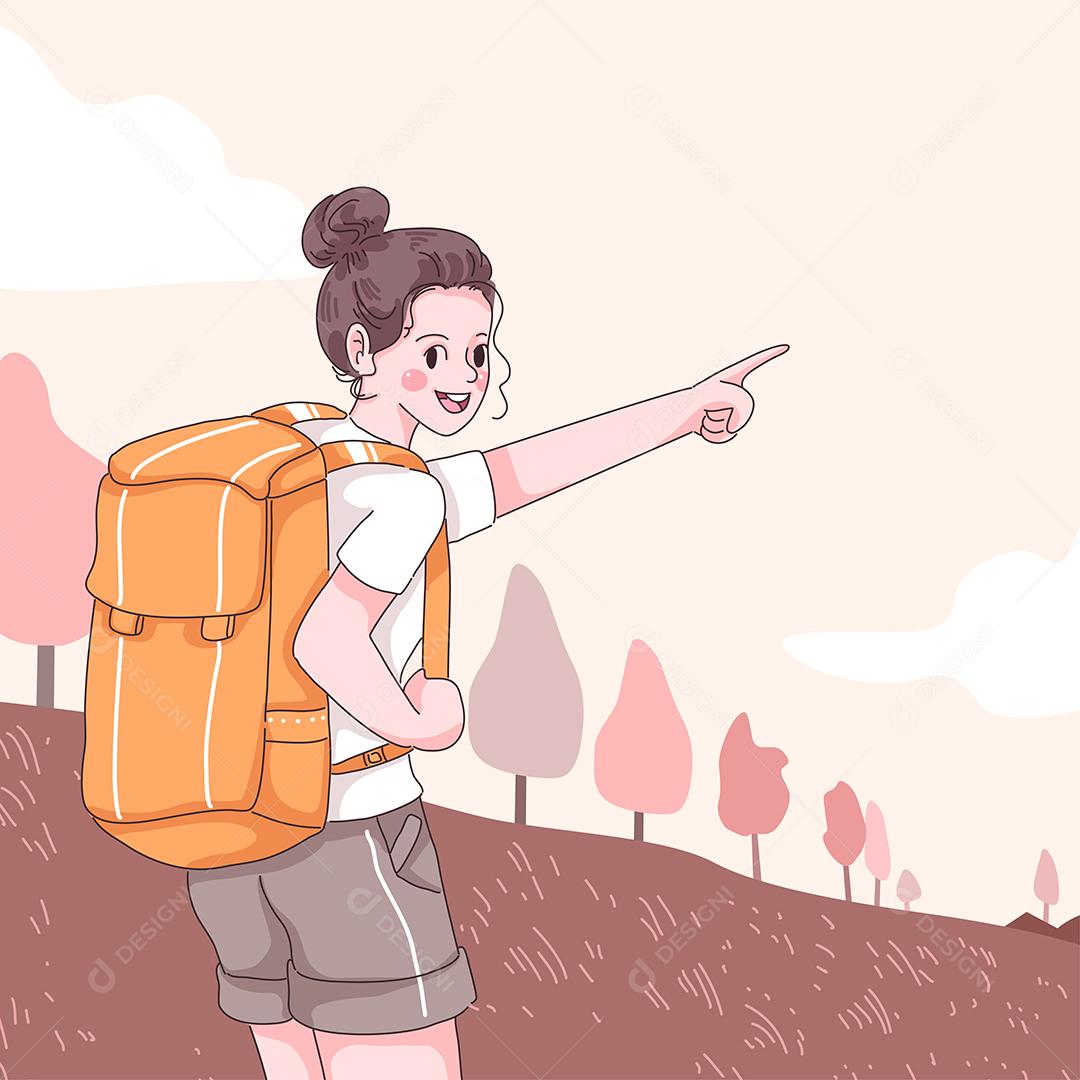 Teenage traveler with backpack standing and pointing finger forward with happiness