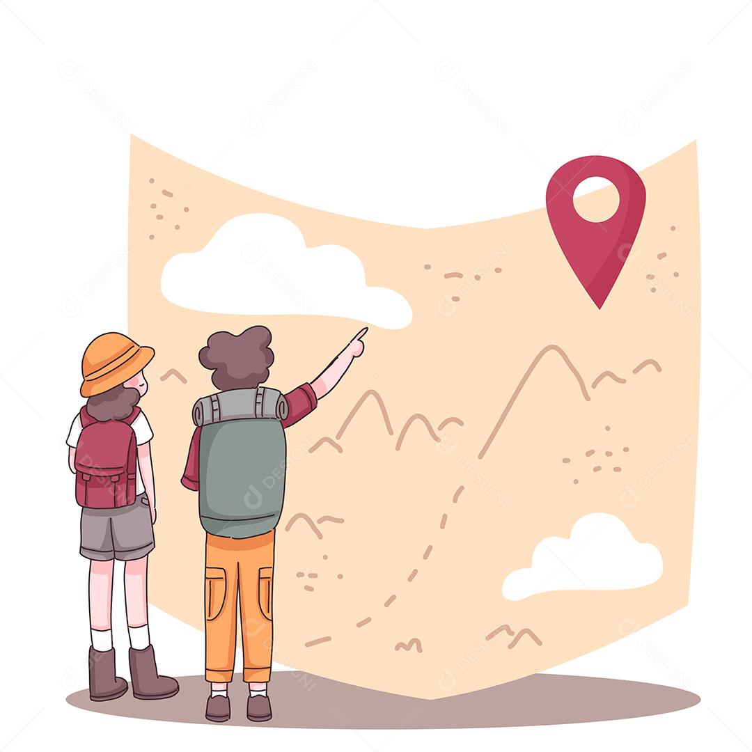 The back of couple adventure with backpack check pin on map for hiking and climbing