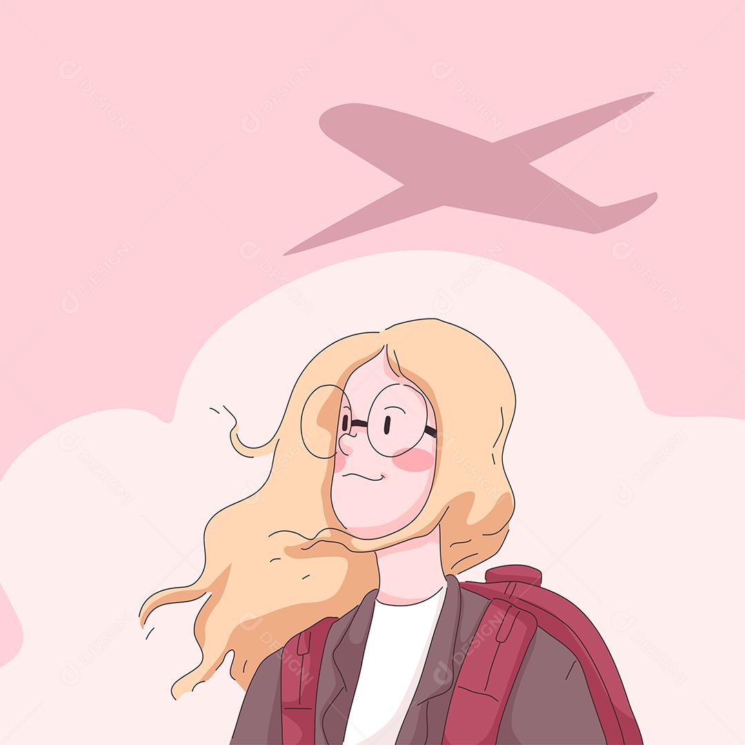 Mulher jovem viajante usando óculos e sombra de avião sobre a cabeça no estilo de personagem de desenho animado ilustração