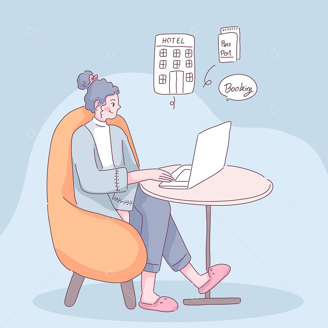 Jovem usa pesquisa de laptop para hostel para reservar online