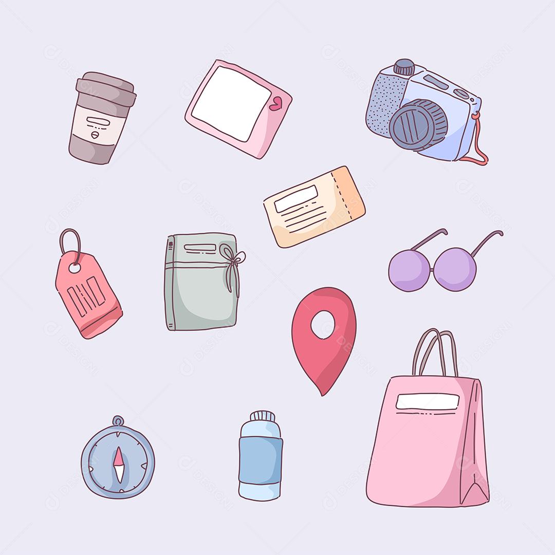 Item de viagem definido na ilustração vetorial de desenho animado