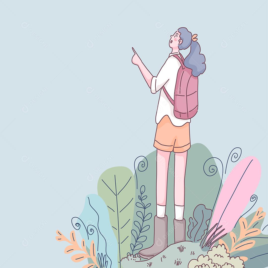 Fêmea jovem mochileiro na floresta para viagens de aventura