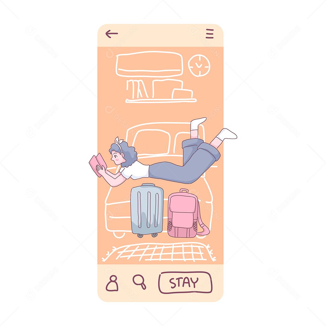 Jovem reserva acomodação através de aplicativo no smartphone