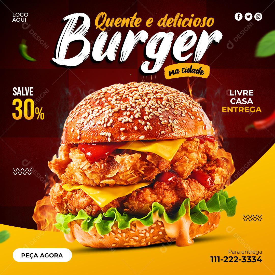 Social Media Quente e delicioso Burger na Cidade Hamburgueria PSD Editável