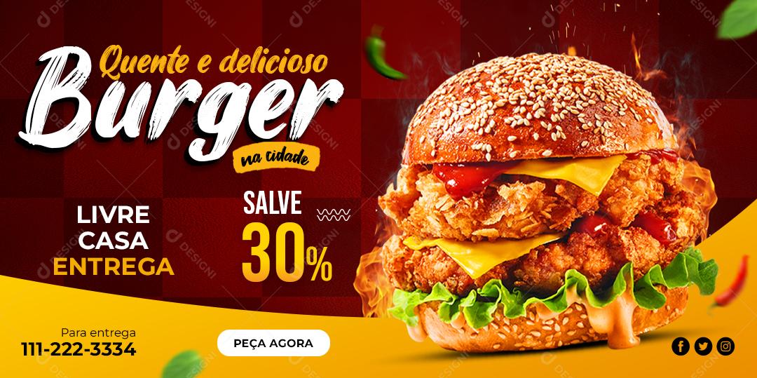 Social Media Banner Quente e delicioso Burger na Cidade Hamburgueria PSD Editável