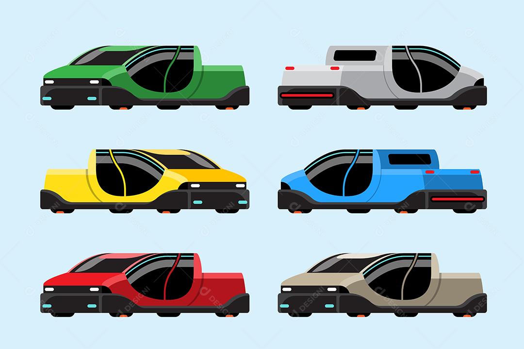 Conjunto de caminhonete de alta tecnologia de maquete com estilo moderno, modelo de diferença e cor em fundo azul, design chique e legal, ilustração vetorial isolada