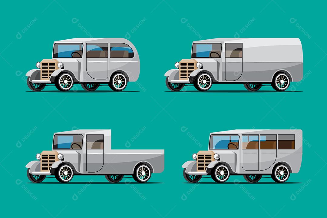 Conjunto de carro antigo de maquete em estilo retrô, modelo de diferença e design, ilustração vetorial isolada