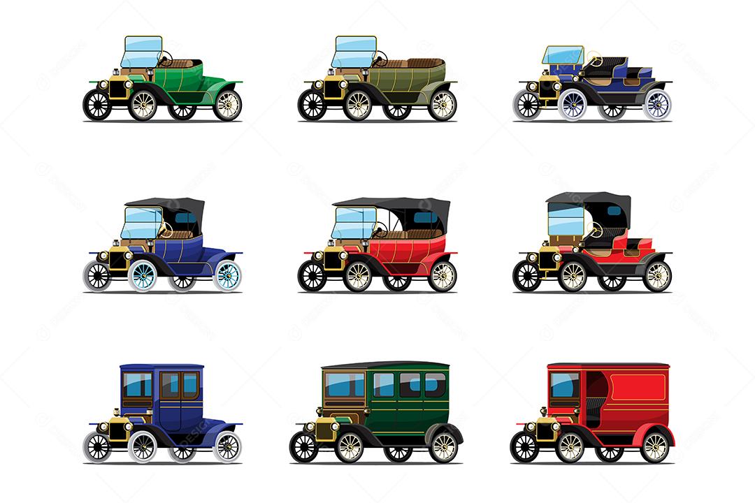 Conjunto de três tipos de carros de trabalho em design vintage
