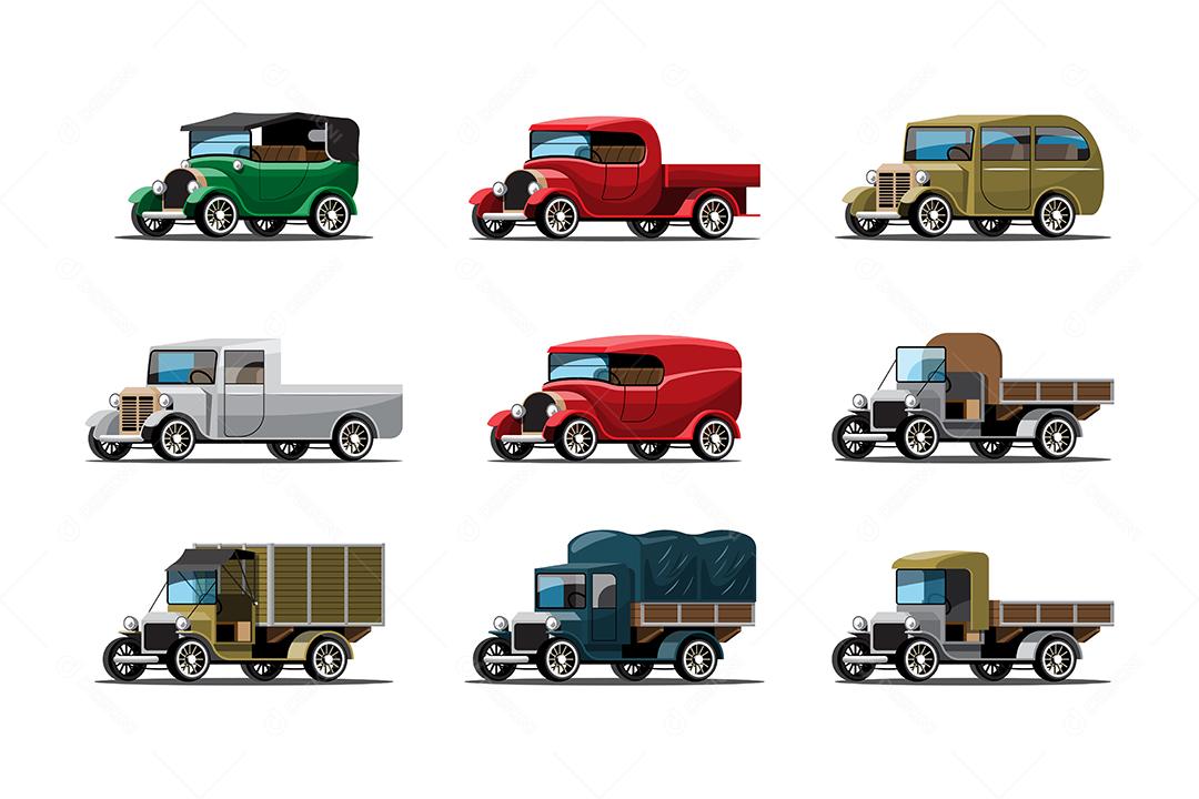 Conjunto de três tipos de carros de trabalho em design vintage