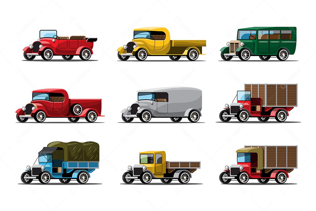 Conjunto de três tipos de carros de trabalho em design vintage