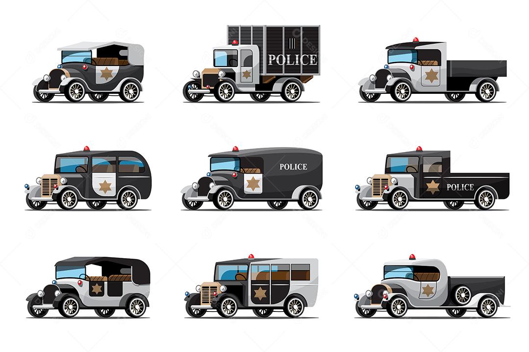 Conjunto de três tipos de carros de polícia em design vintage