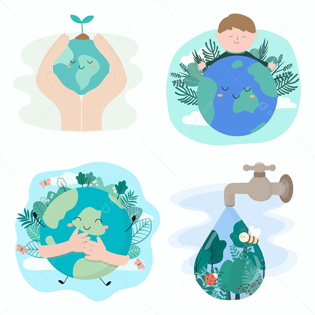 Feliz Dia da Terra eco para banner social ou cartão sobre o tema de salvar o planeta em personagem de desenho animado. Conceito de dia da terra, ilustração vetorial isolada