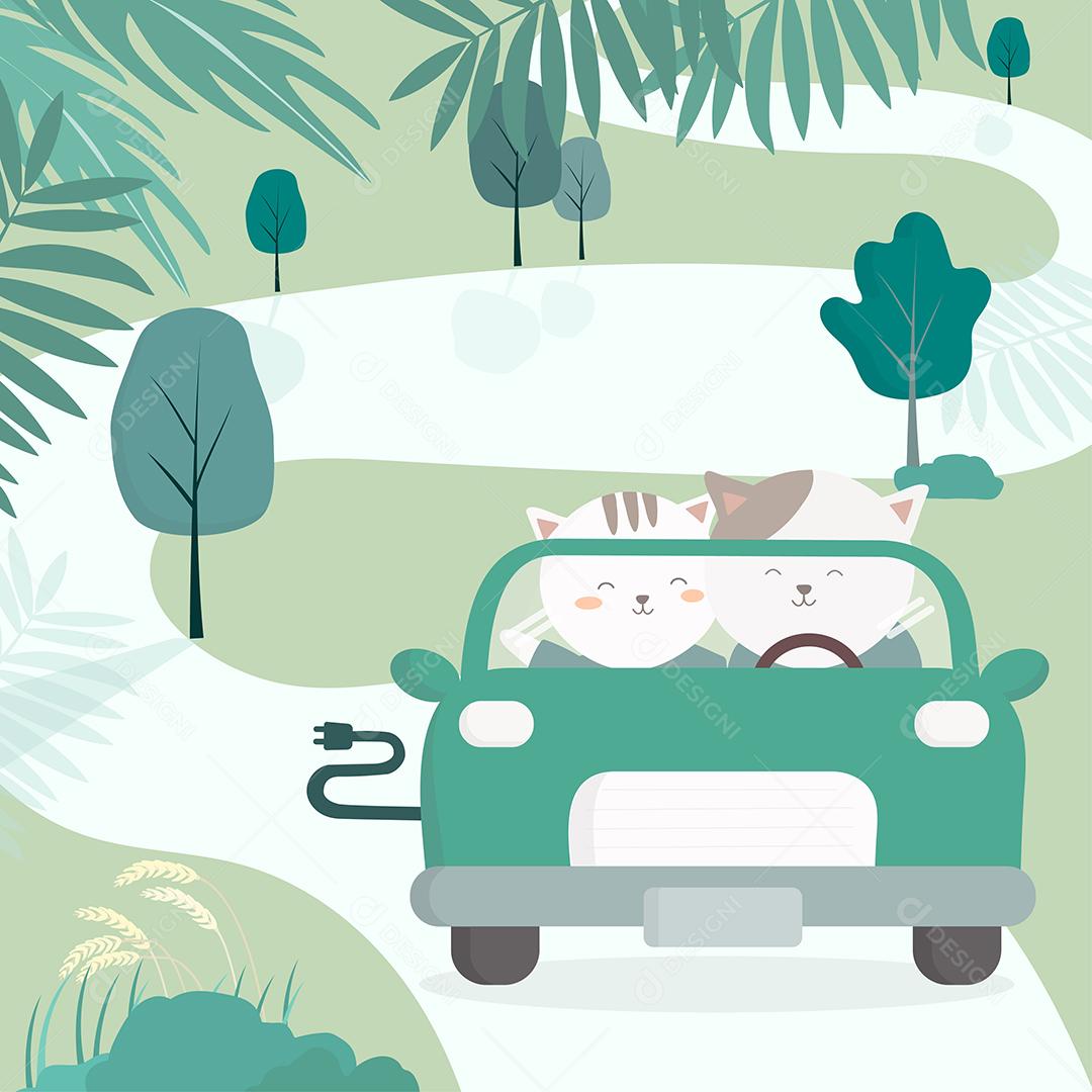 Cat drive eco car para transporte ecologicamente correto em personagem de desenho animado, ilustração vetorial plana de estilo desenhado à mão