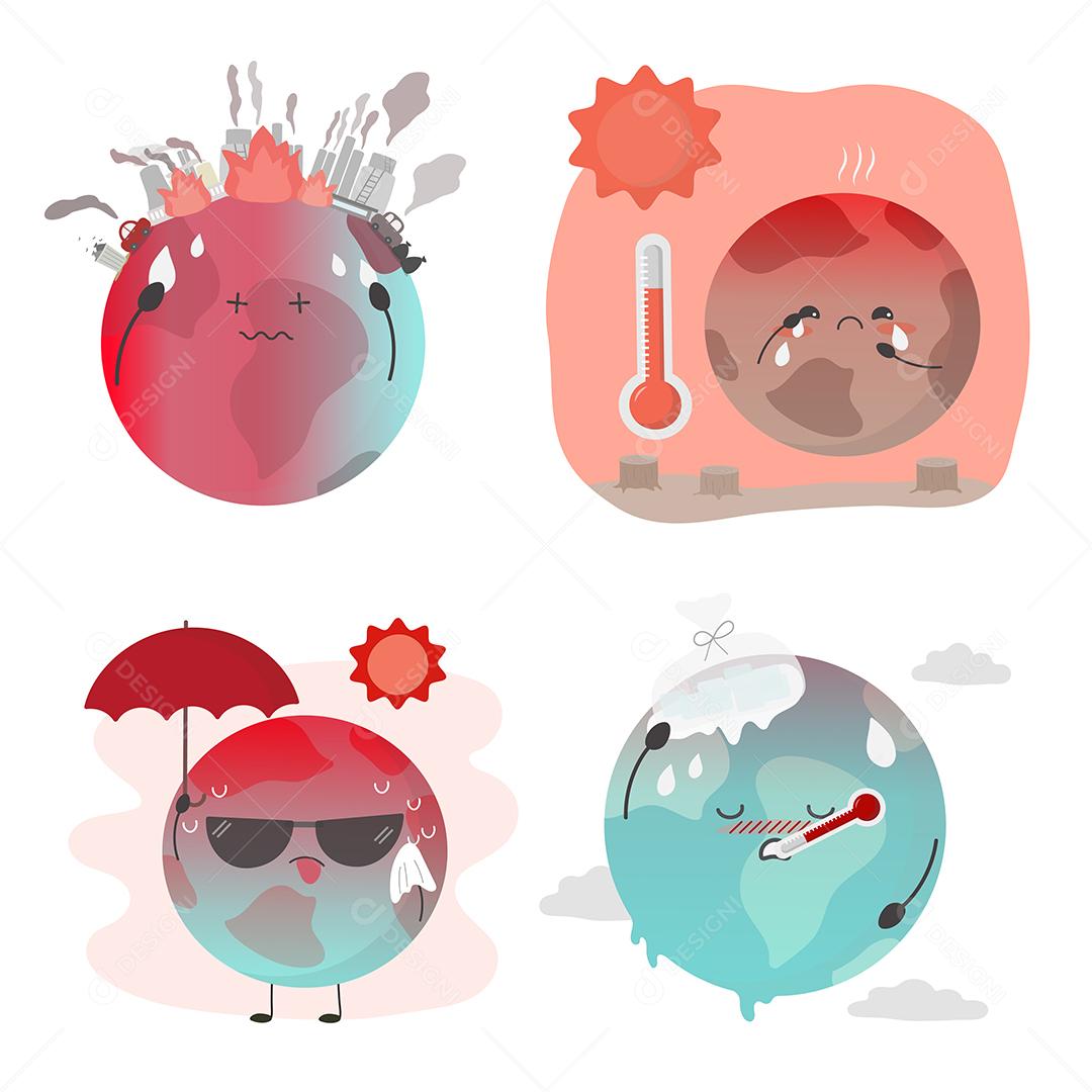 Conjunto de processo perigoso de derretimento da terra, planeta sofredor com termômetro e escala vermelha