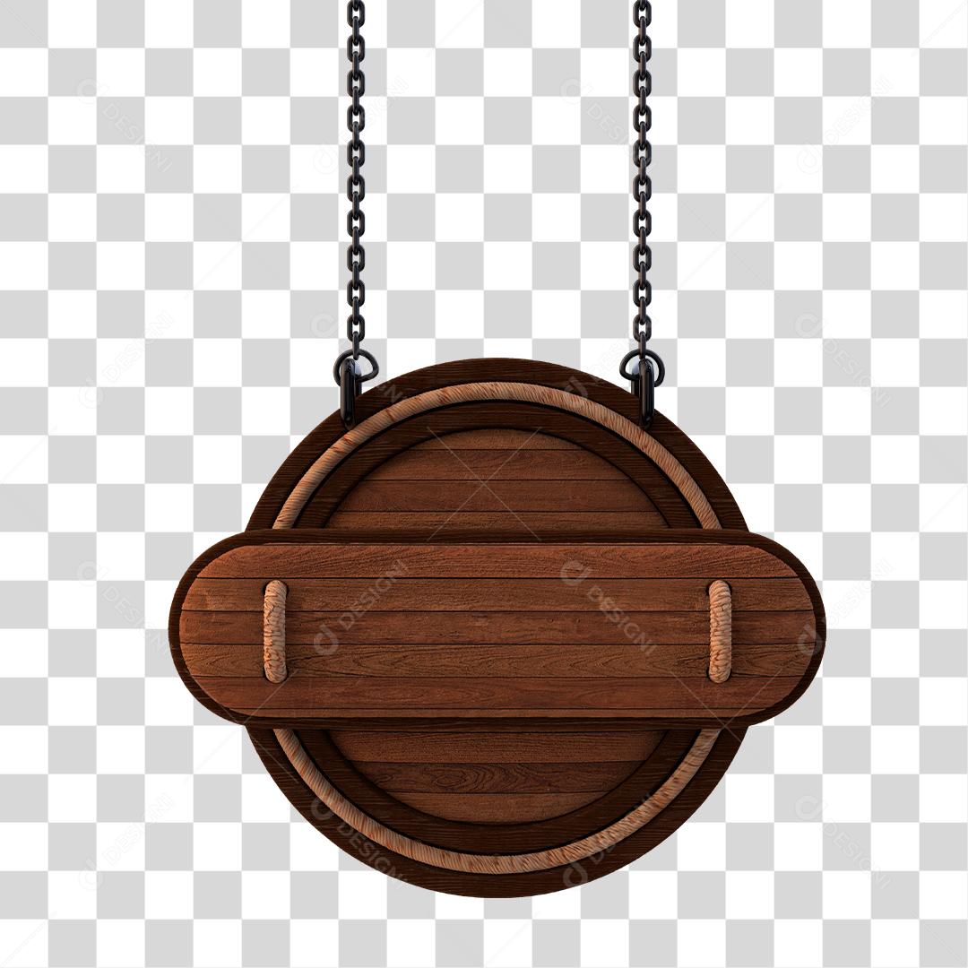 Elemento 3D Placa de Madeira Circular Com Corrente PNG Transparente