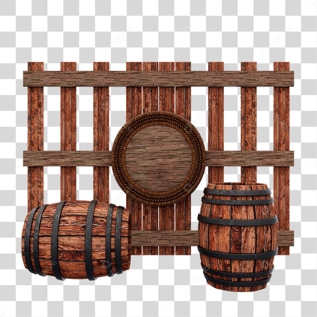 Cerca de Madeira Marrom Com Barris de Bebida Elemento 3D Para Composição PNG Transparente