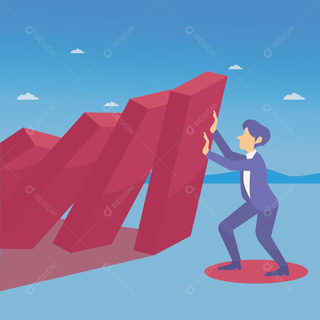 Homem de negócios abstrato empurrando com força contra o deck caindo de telhas de dominó, personagem de desenho