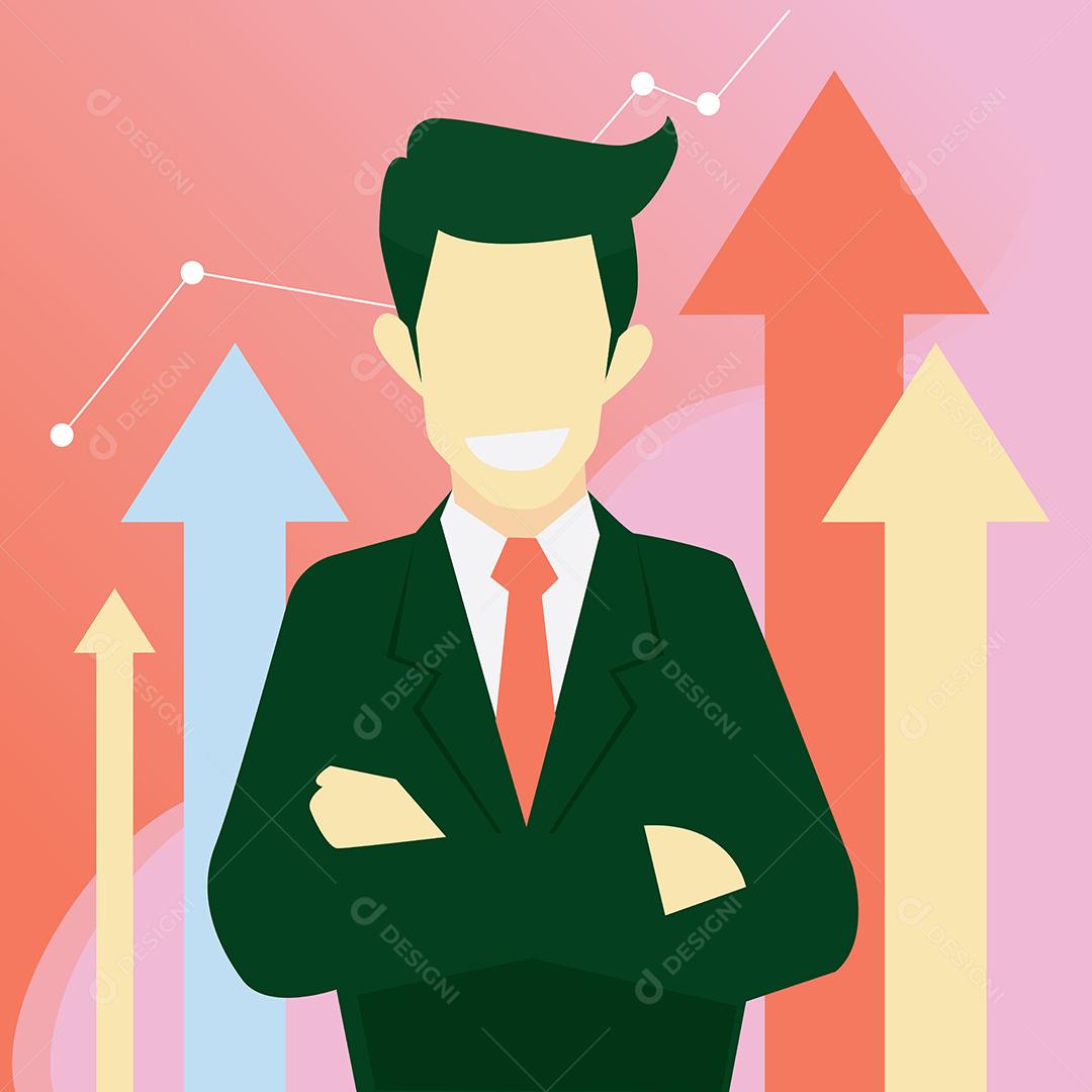 Fique de braços cruzados e sorria com orgulho nas realizações. plano de fundo mostra um crescimento maior com um gráfico