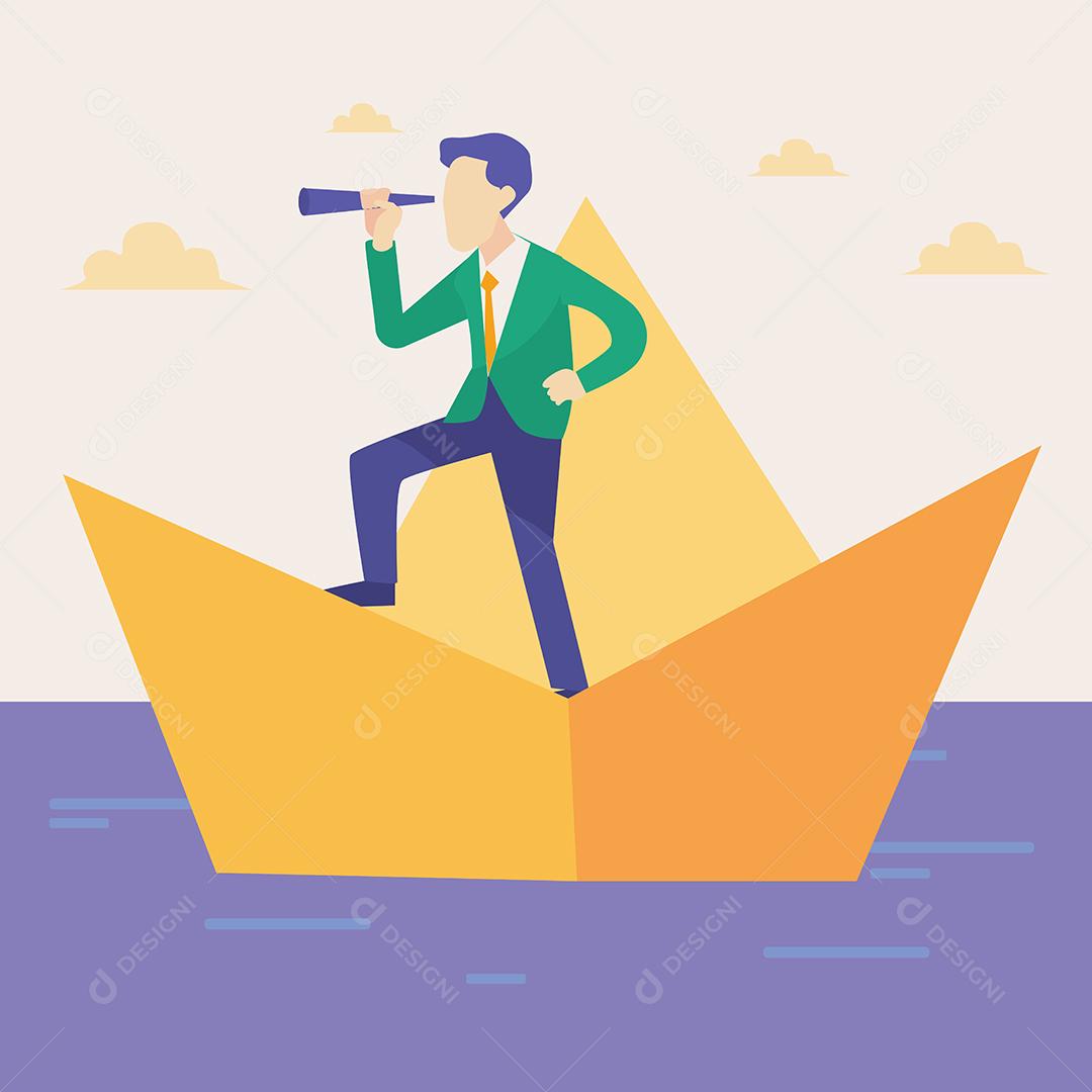 Empresário abstrato de pé no navio de papel e usar telescópio olha para o crescimento do progresso dos negócios, conceito de negócios, ilustração vetorial plana de desenho