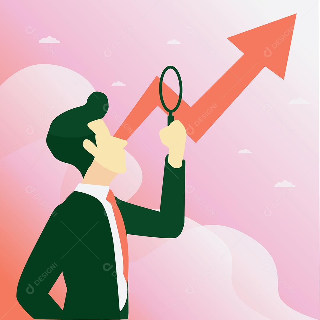 Empresário abstrato usa lupa para ver o crescimento do progresso do negócio, conceito de negócio, ilustração vetorial plana de desenho animado