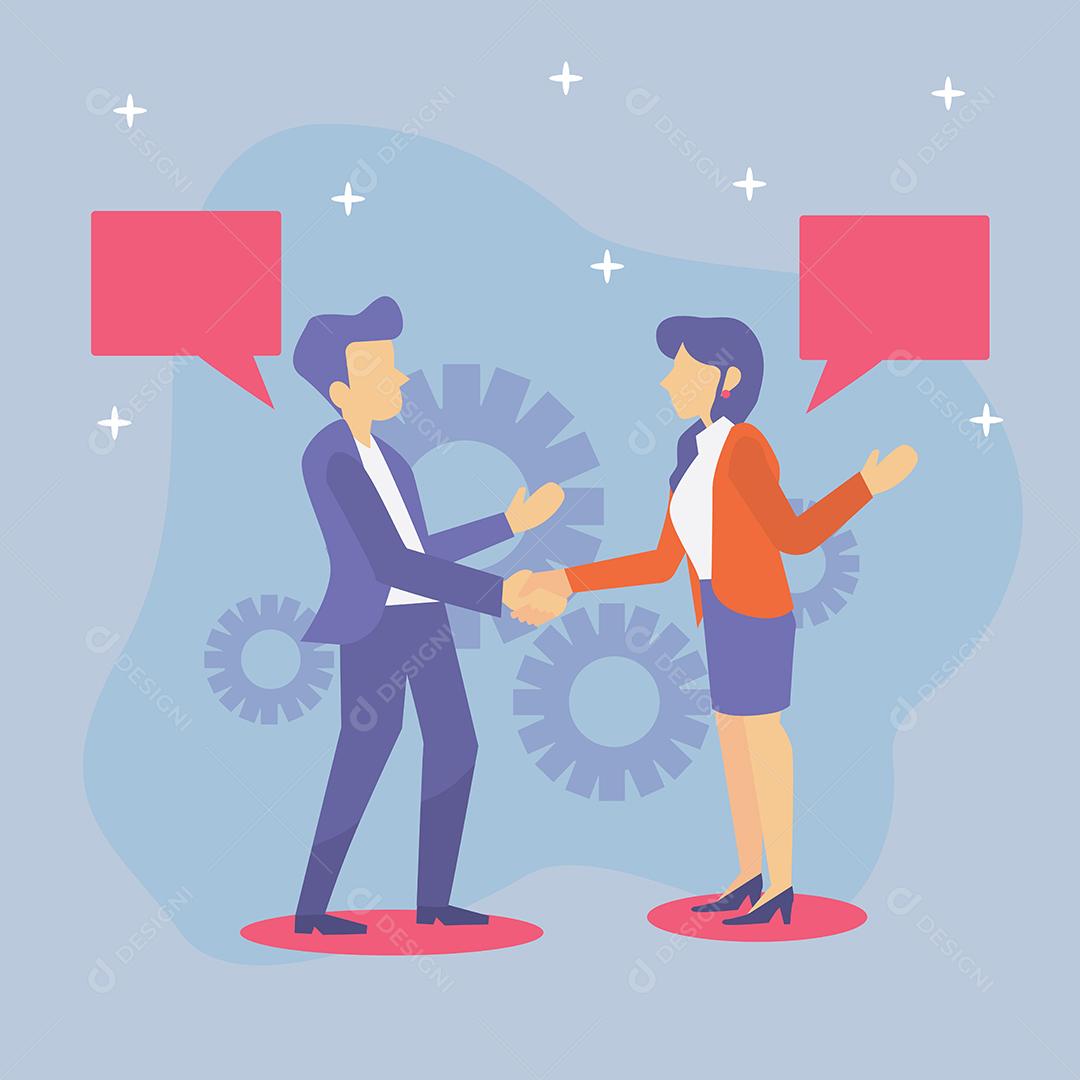 Empresários abstratos em pé apertam a mão com balão, acordo de similitude de engrenagem para juntar a configuração