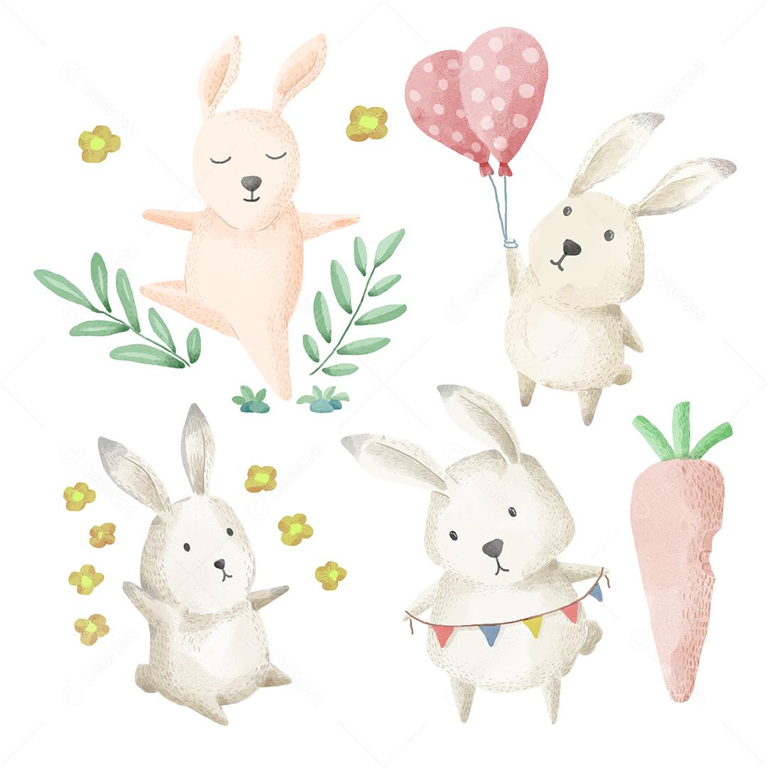 A família dos coelhos prepara uma festa em casa. Há balões, bandeiras penduradas, estrelas, flores, folhas e uma comida de cenoura.