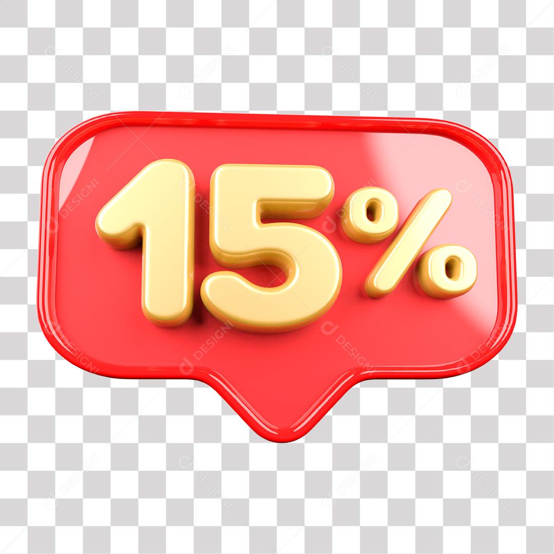 Botão Vermelho 15% por cento de Desconto Elemento 3D para Composição PNG Transparente