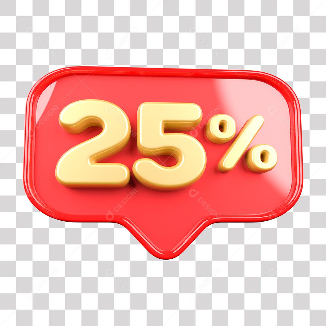 Botão Vermelho 25% por cento de Desconto Elemento 3D para Composição PNG Transparente