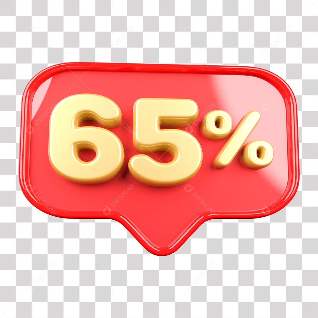 Botão Vermelho 65% por cento de Desconto Elemento 3D para Composição PNG Transparente