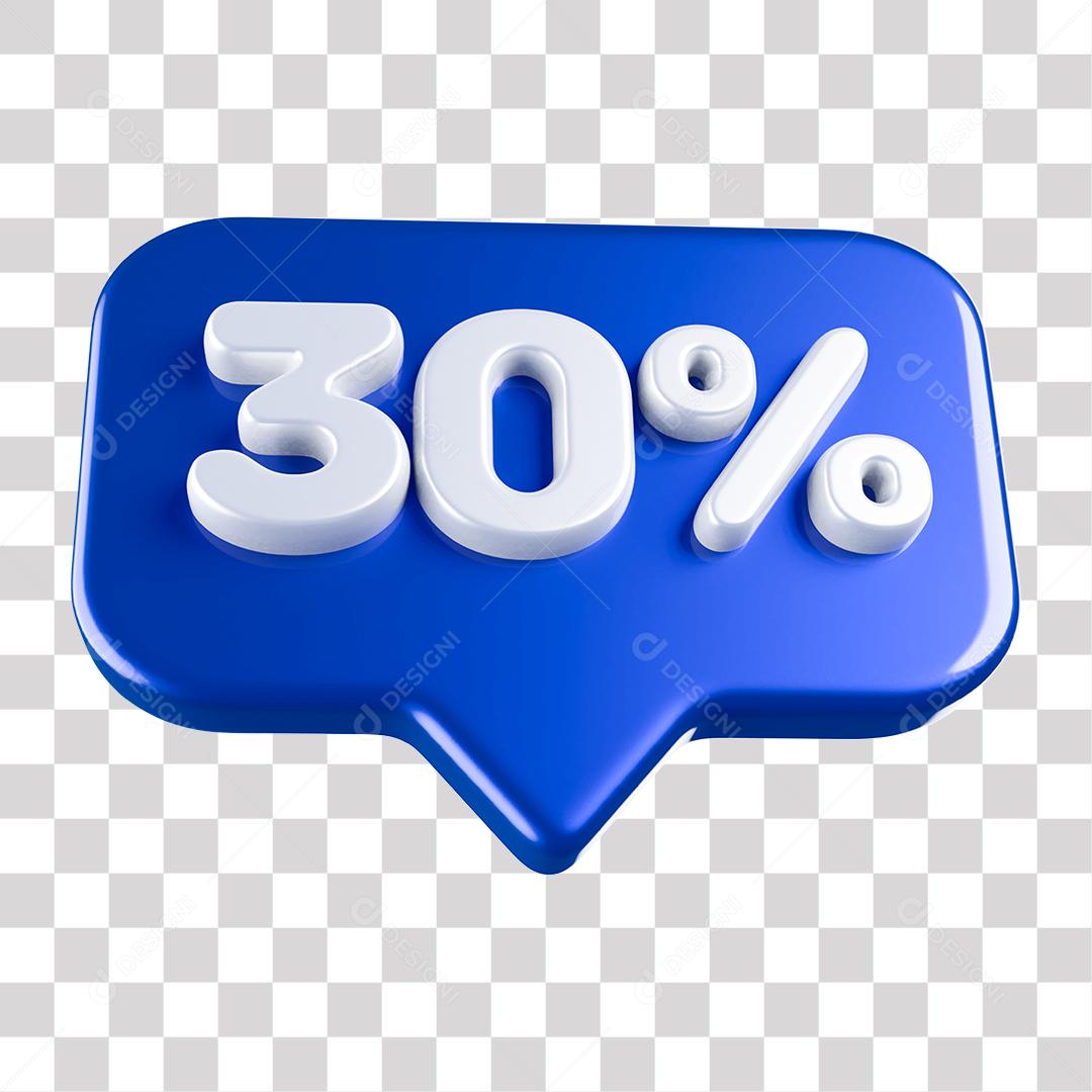 Botão Azul 30% por cento de Desconto Elemento 3D para Composição PNG Transparente