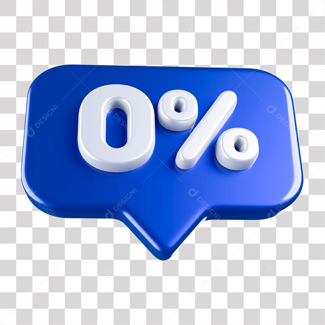 00416Botão Azul 0% por cento de Desconto Elemento 3D para Composição PNG Transparente