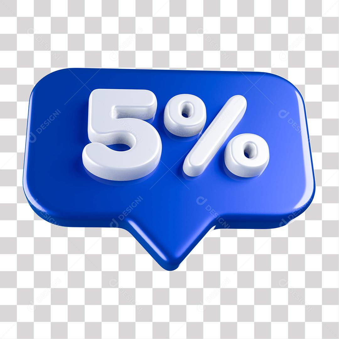 Botão Azul 5% por cento de Desconto Elemento 3D para Composição PNG Transparente