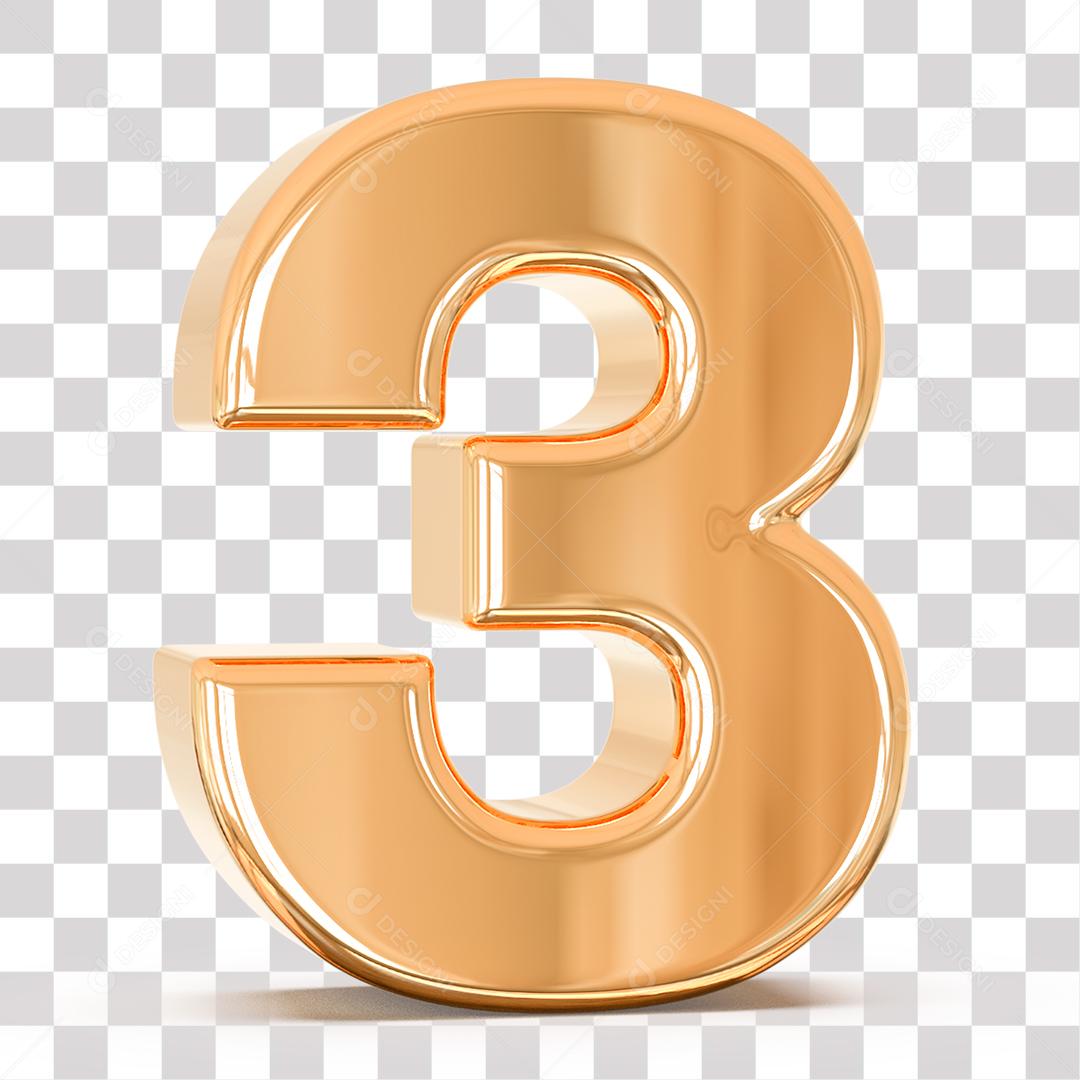 Número 3D 3 Dourado para Composição PNG Transparente Sem Fundo