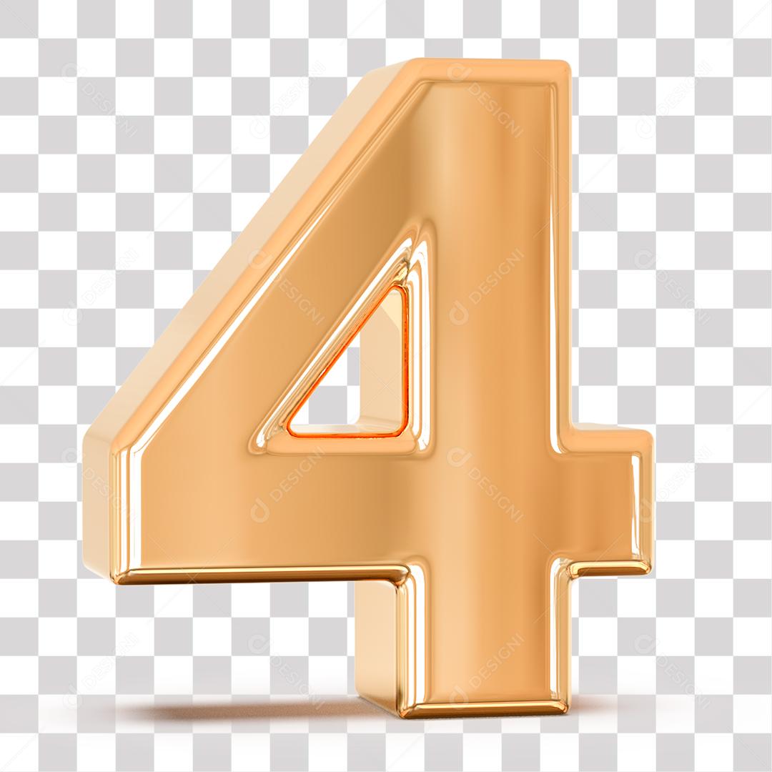 Número 3D 4 Dourado para Composição PNG Transparente Sem Fundo