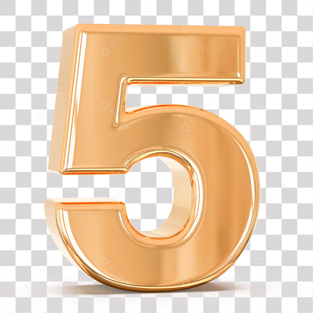 Número 3D 5 Dourado para Composição PNG Transparente Sem Fundo