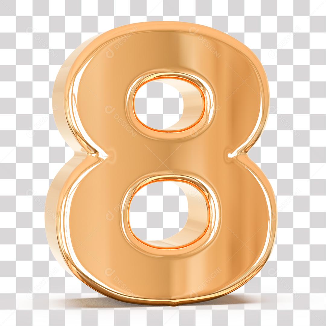 Número 3D 8 Dourado para Composição PNG Transparente Sem Fundo