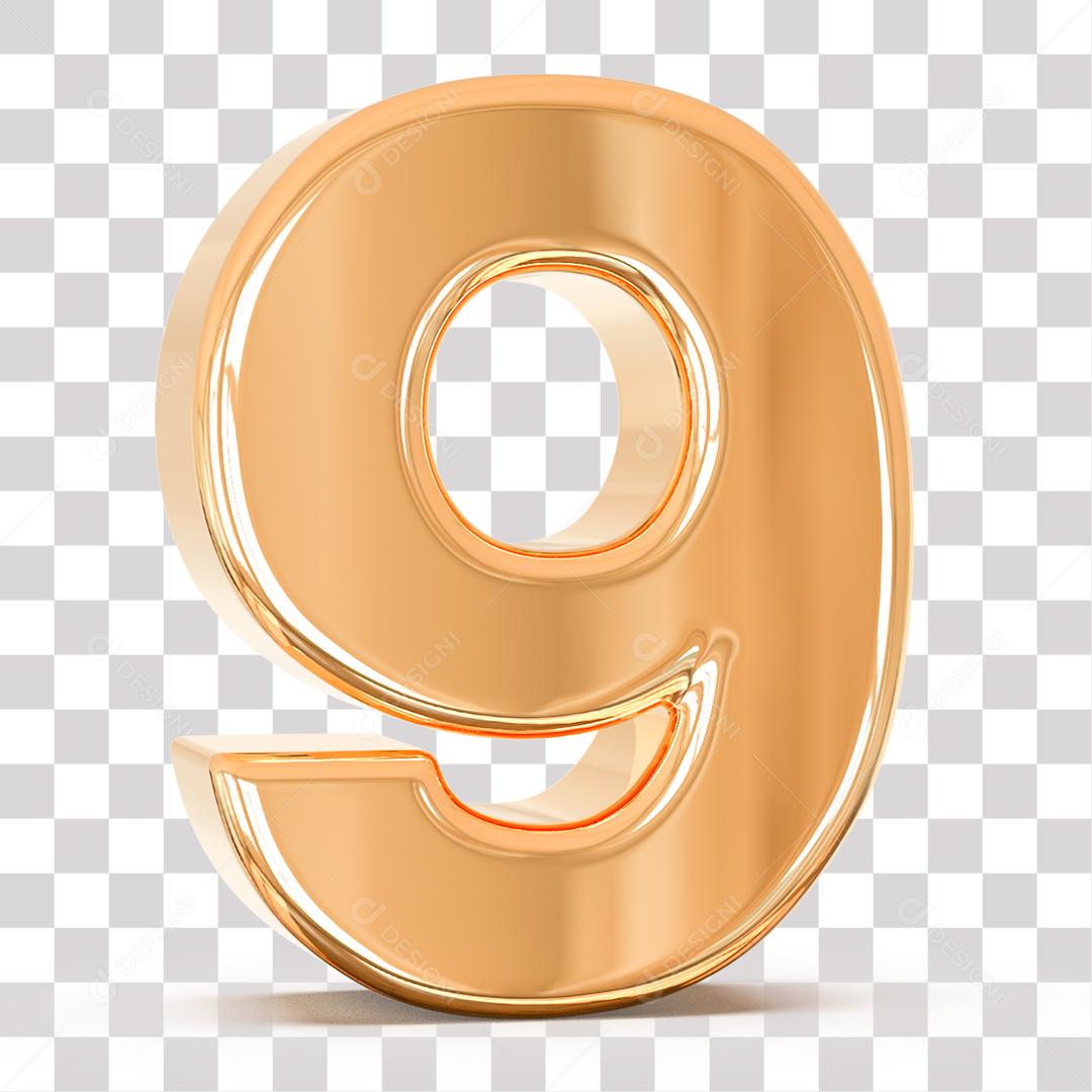Número 3D 9 Dourado para Composição PNG Transparente Sem Fundo