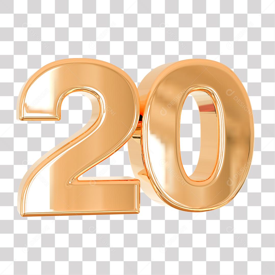 Número 3D 20 Dourado para Composição PNG Transparente Sem Fundo